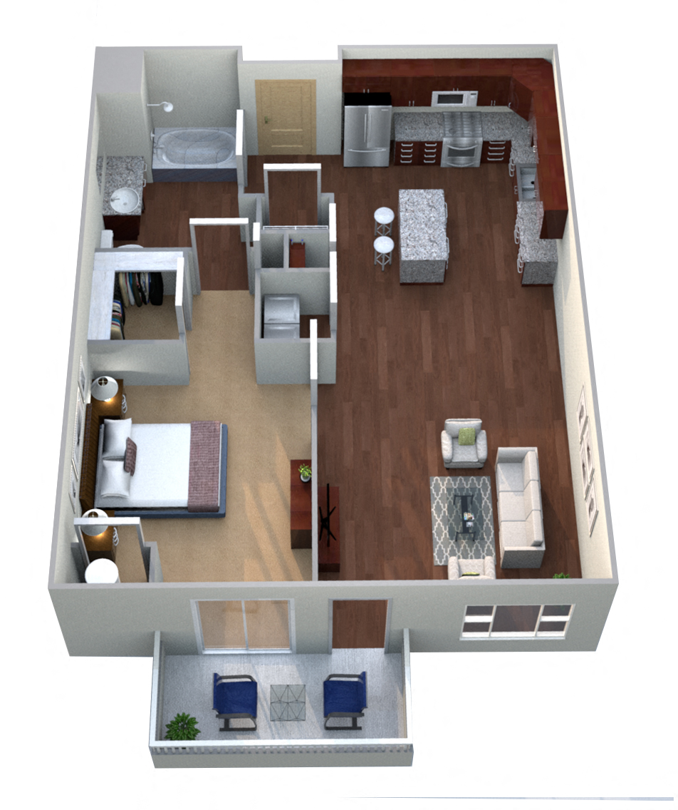 Floor plan for 1 bed, 1 bath, 773 sqft