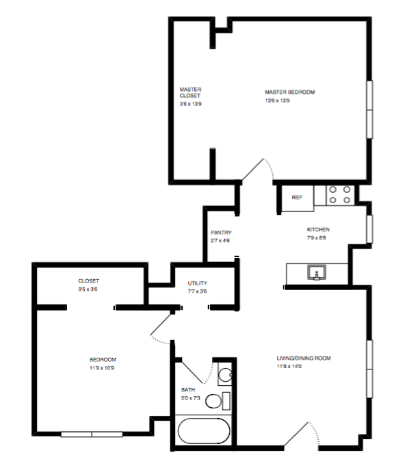 Floor plan for 2 beds, 1 bath, 825 sqft