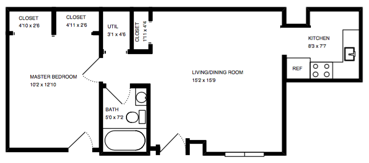 Floor plan for 1 bed, 1 bath, 525 sqft