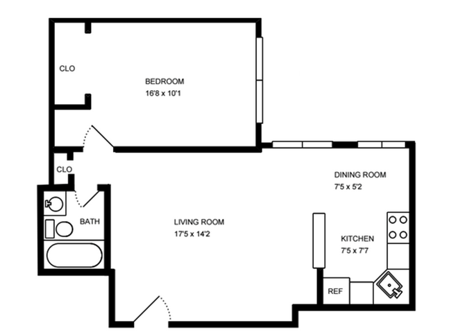 Floor plan for 1 bed, 1 bath, 543 sqft