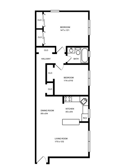 Floor plan for 2 beds, 1 bath, 733 sqft