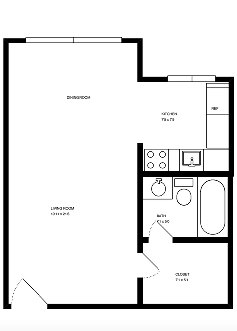 Floor plan for studio, 1 bath, 360 sqft