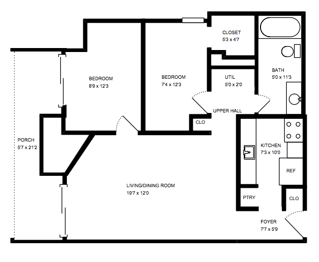 Floor plan for 1 bed, 1 bath, 673 sqft