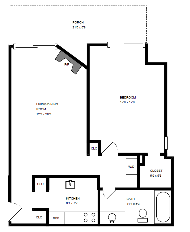 Floor plan for 1 bed, 1 bath, 660 sqft