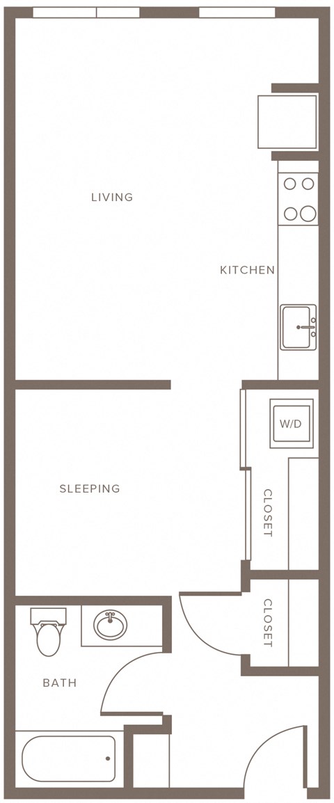 Floor plan for 1 bed, 1 bath, 558 sqft