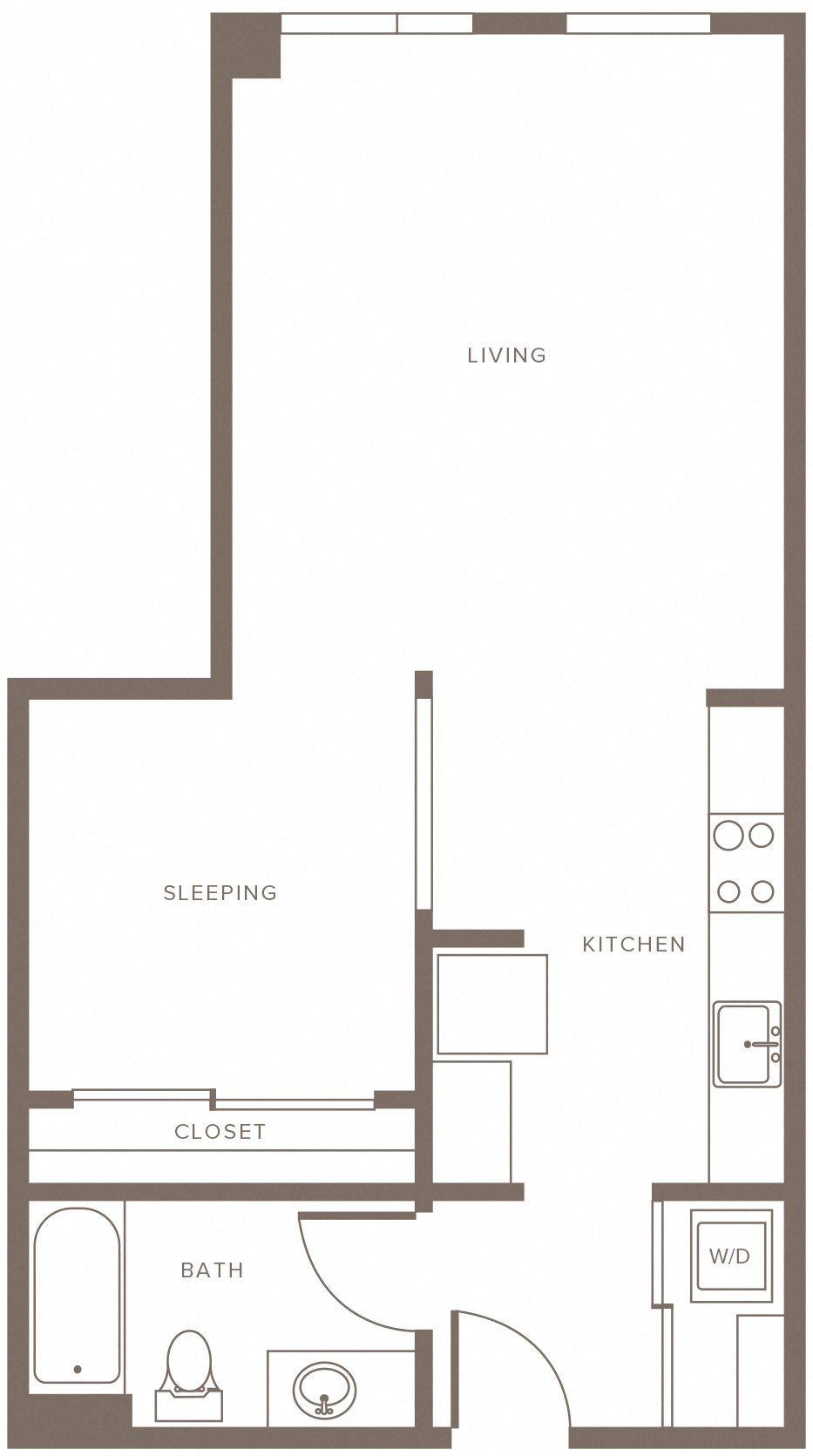 Floor plan for 1 bed, 1 bath, 669 sqft
