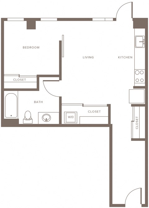 Floor plan for 1 bed, 1 bath, 781 sqft