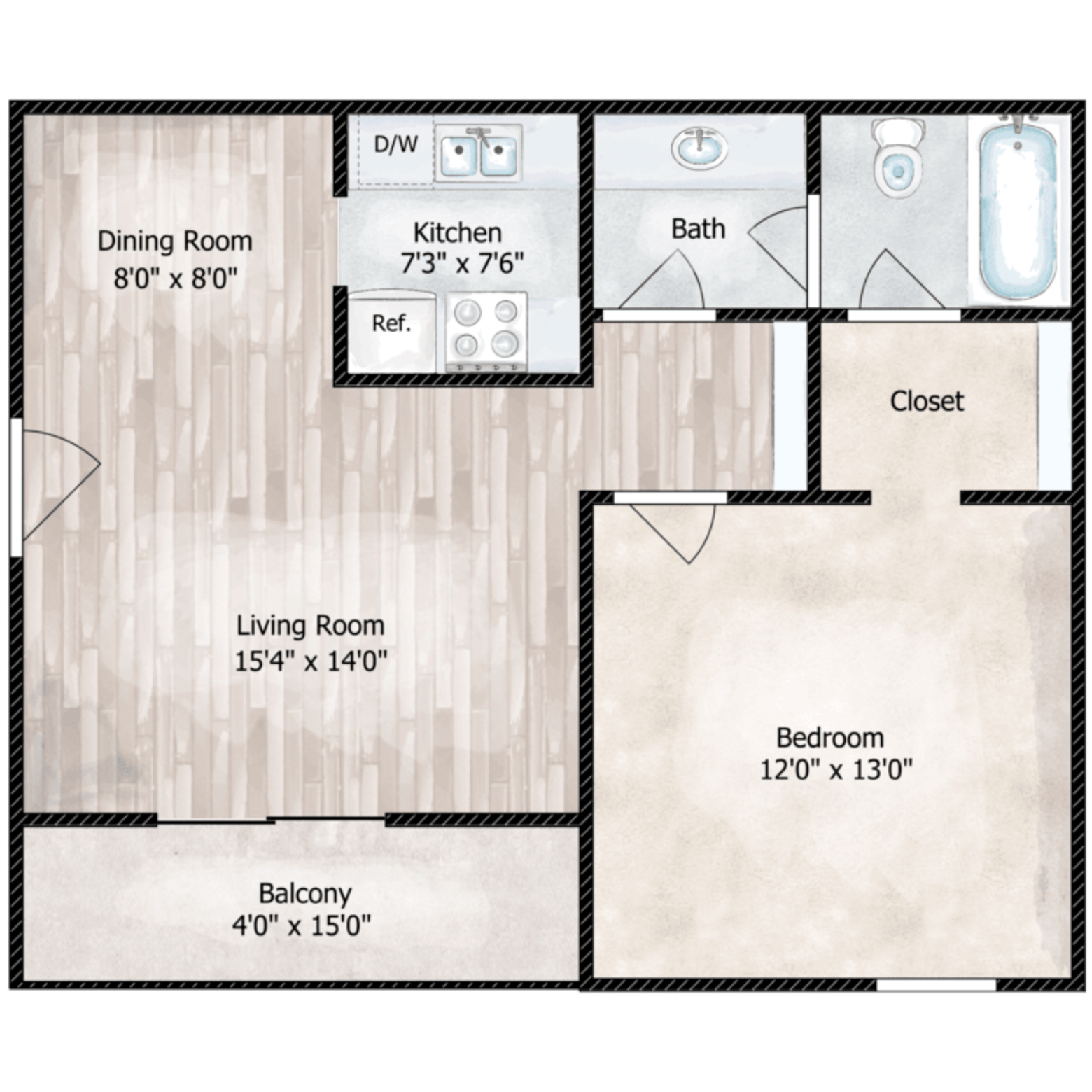 Floor plan for 1 bed, 1 bath, 645 sqft