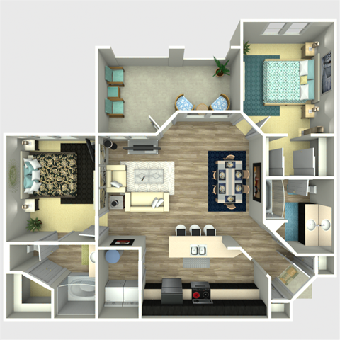 Floor plan for 2 beds, 2 baths, 1069 sqft
