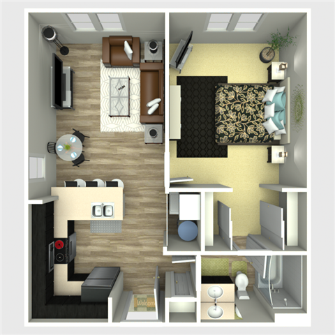 Floor plan for 1 bed, 1 bath, 628 sqft