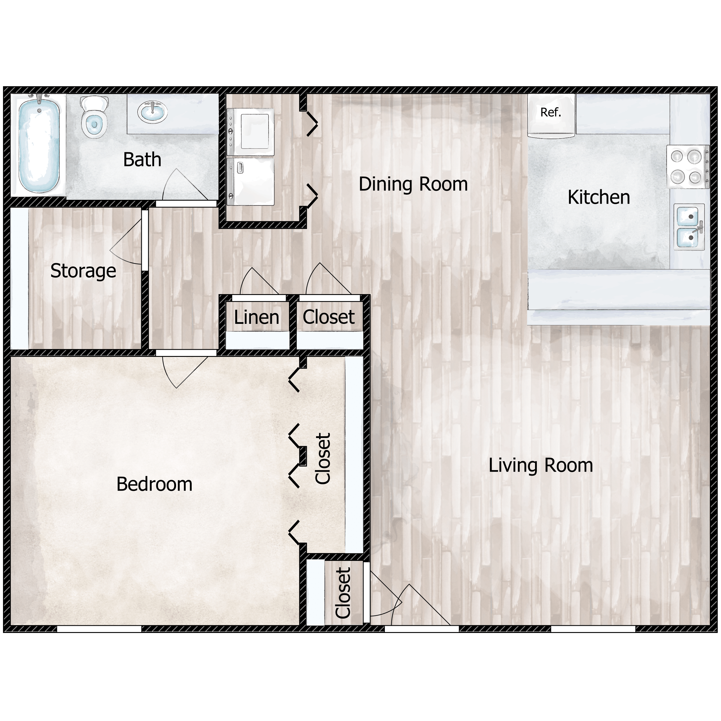 Floor plan for 1 bed, 1 bath, 900 sqft