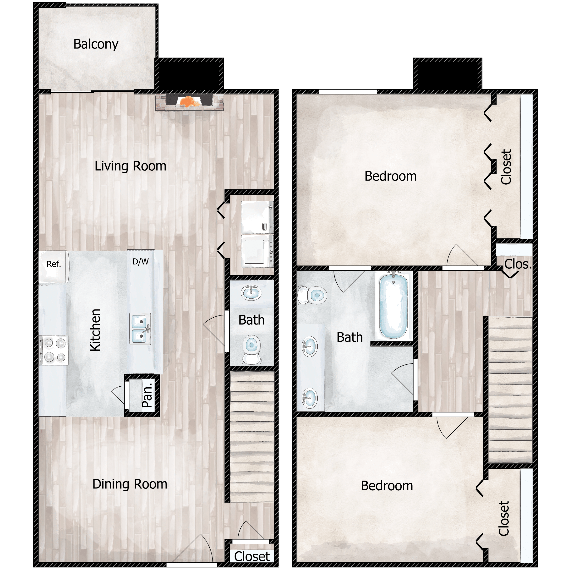 Floor plan for 2 beds, 1.5 baths, 1040 sqft