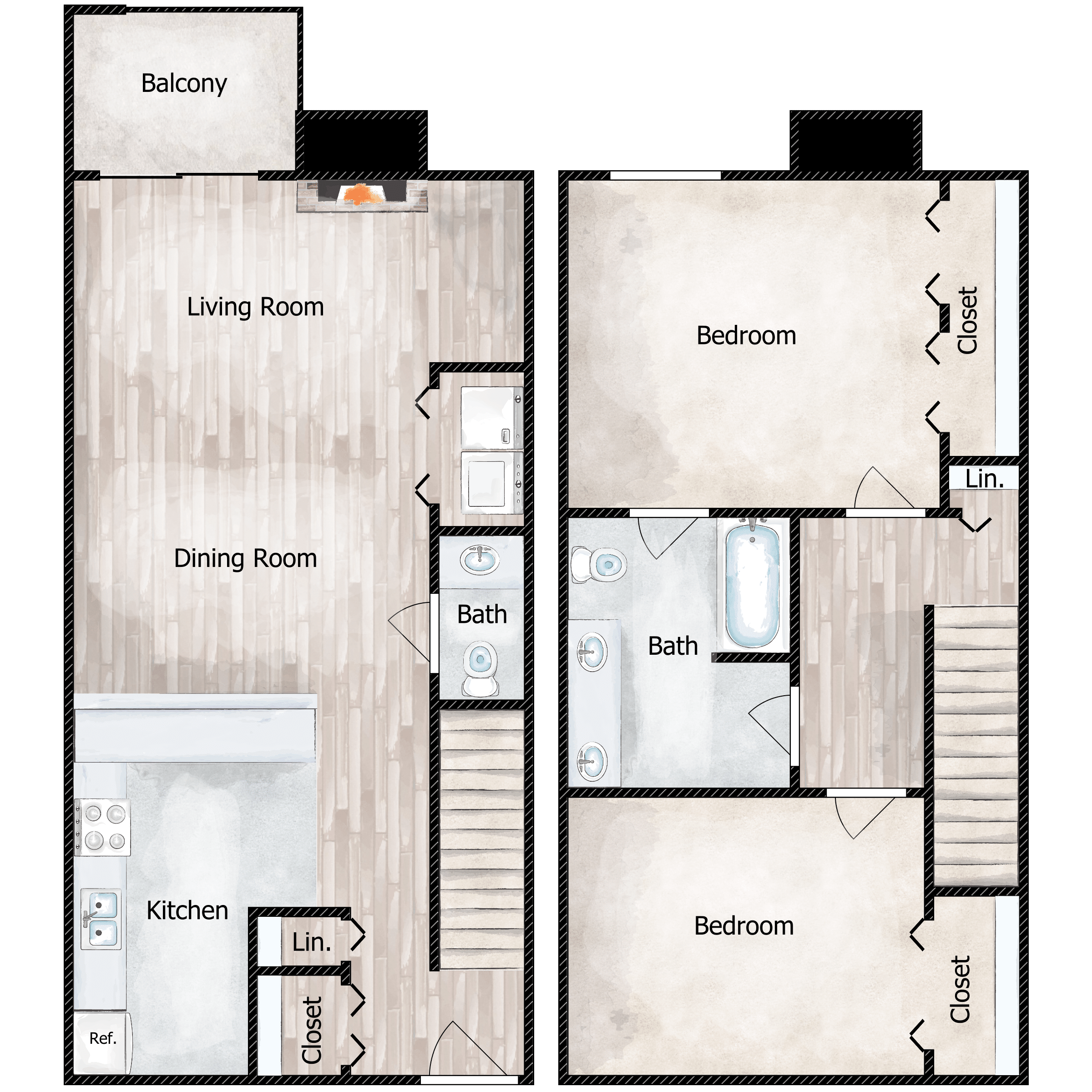 Floor plan for 2 beds, 1.5 baths, 1040 sqft
