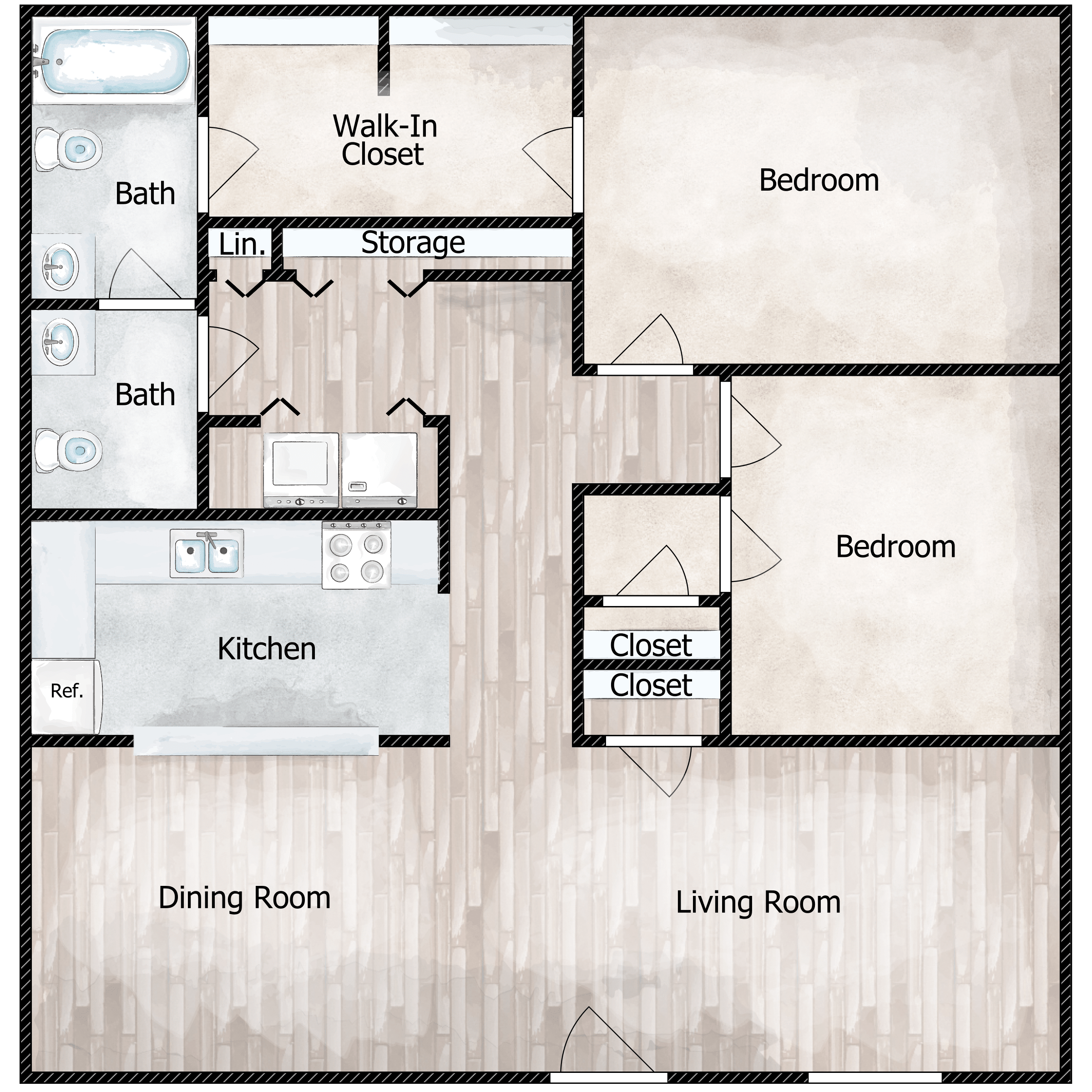 Floor plan for 2 beds, 1.5 baths, 1040 sqft