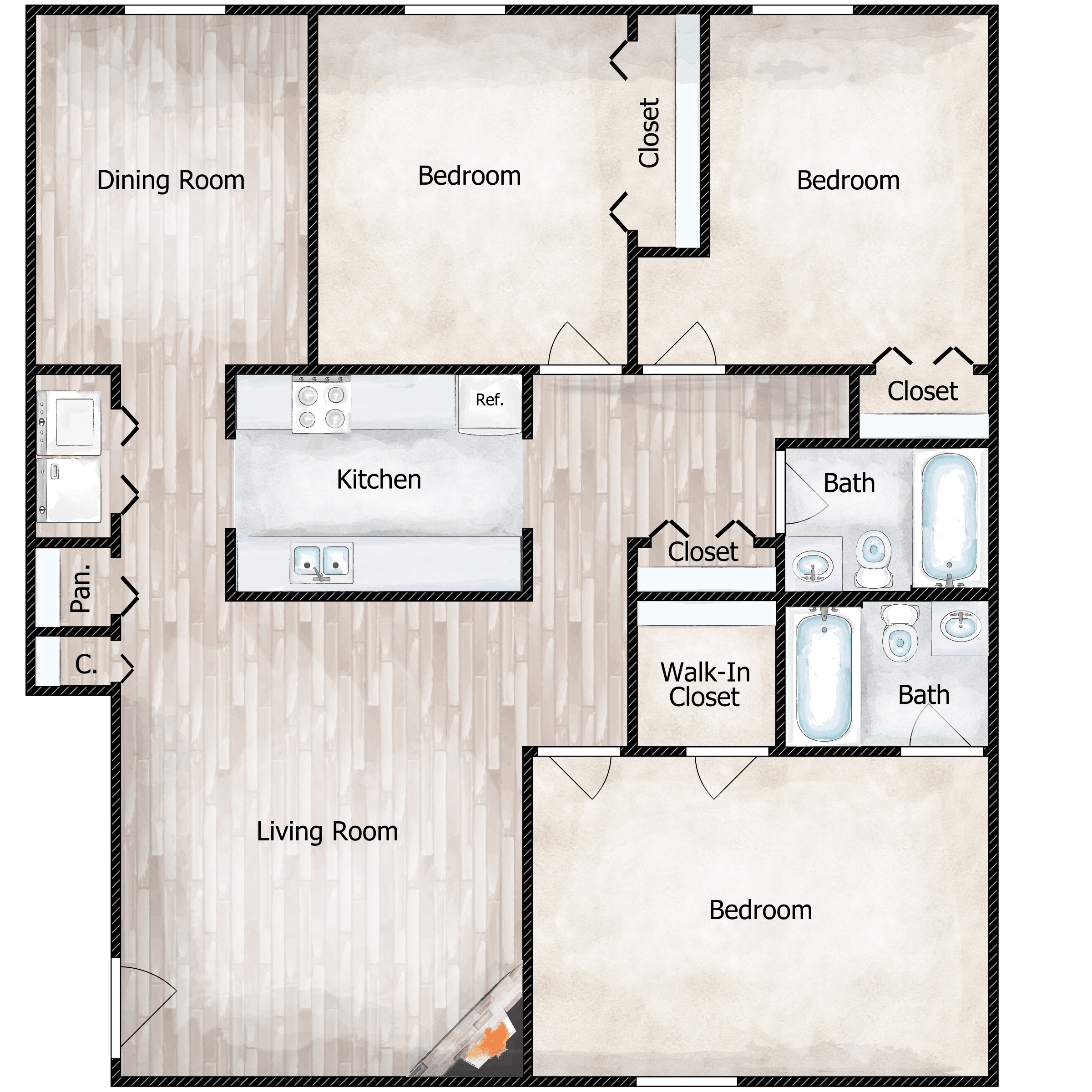 Floor plan for 3 beds, 2 baths, 1200 sqft
