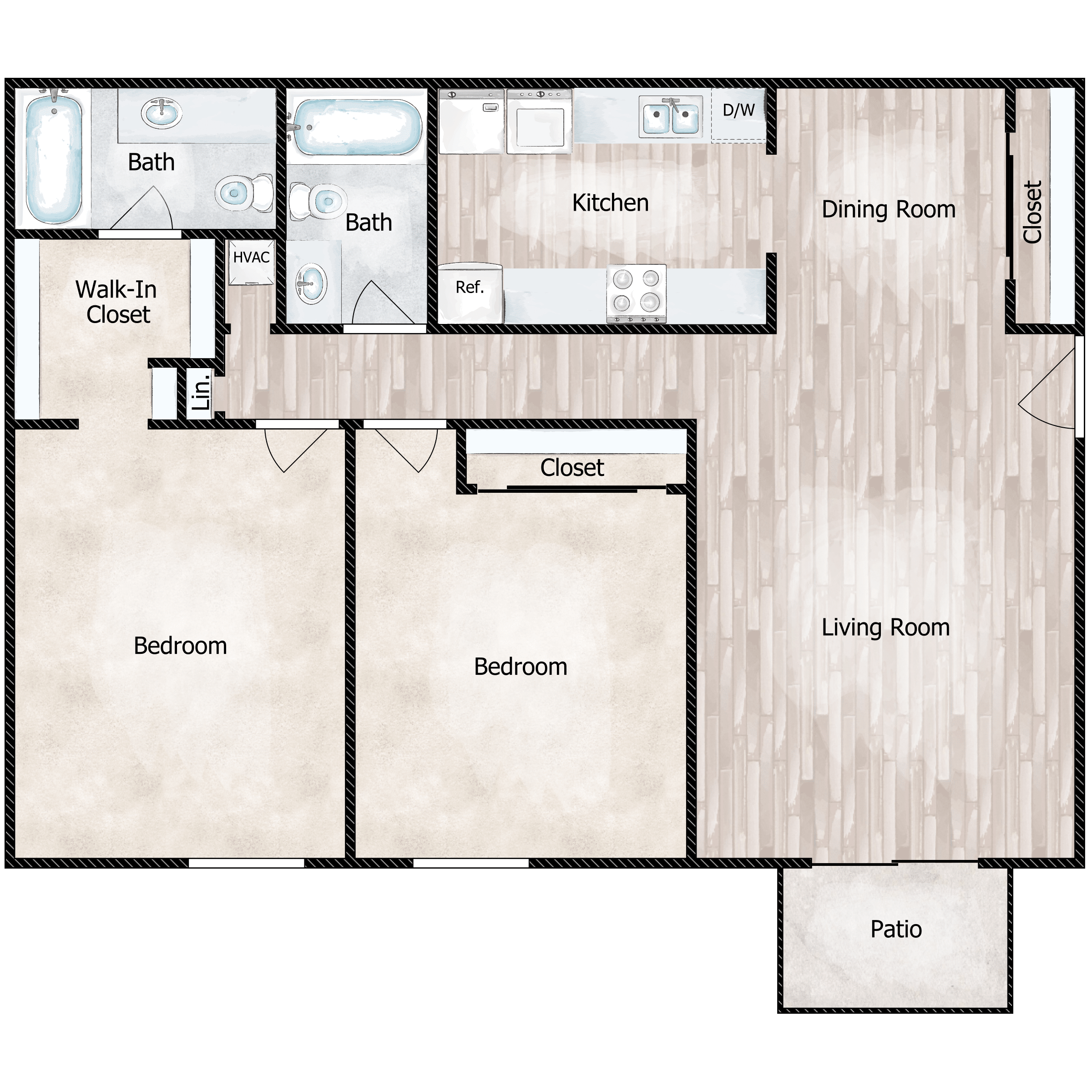 Floor plan for 2 beds, 2 baths, 1098 sqft