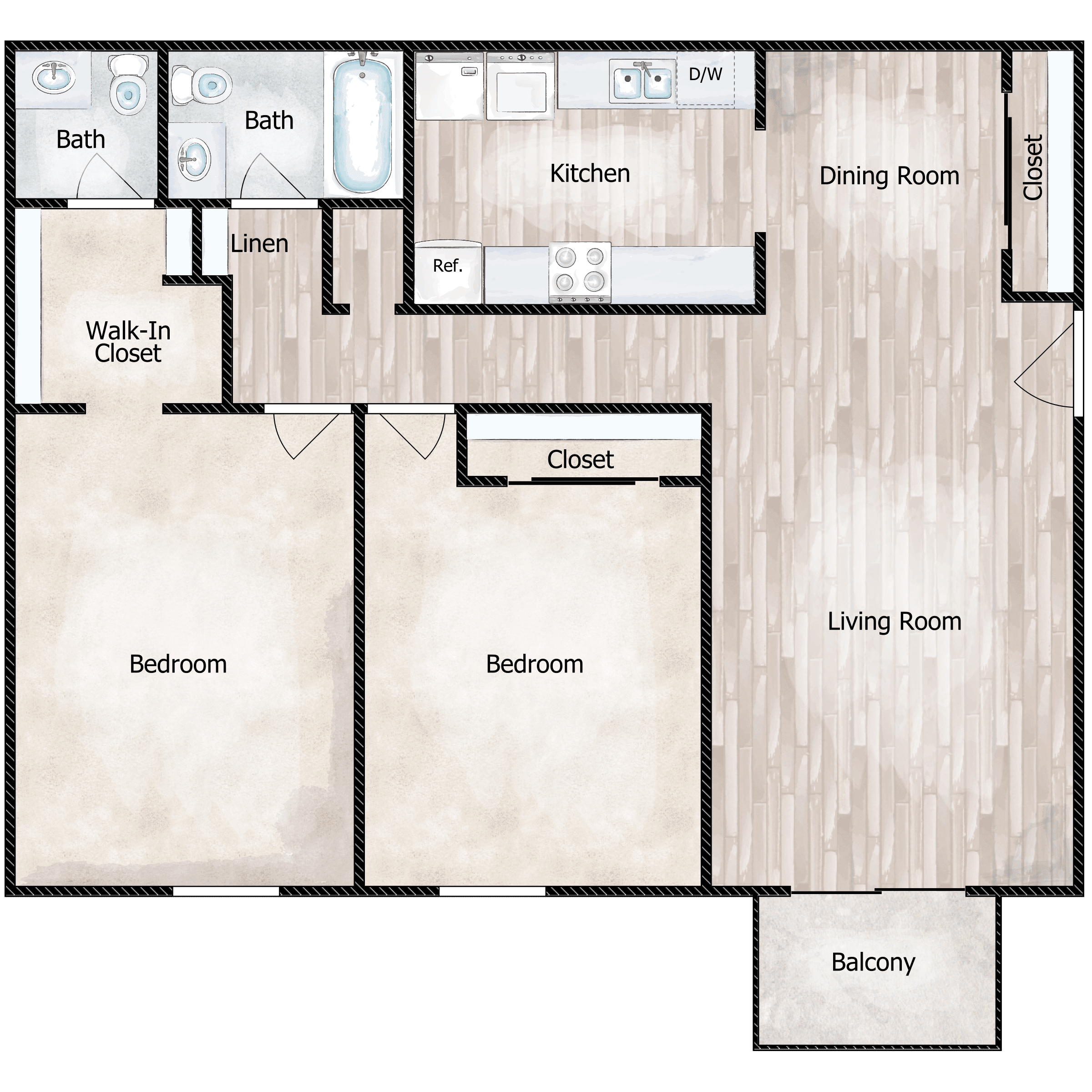 Floor plan for 2 beds, 1.5 baths, 1047 sqft