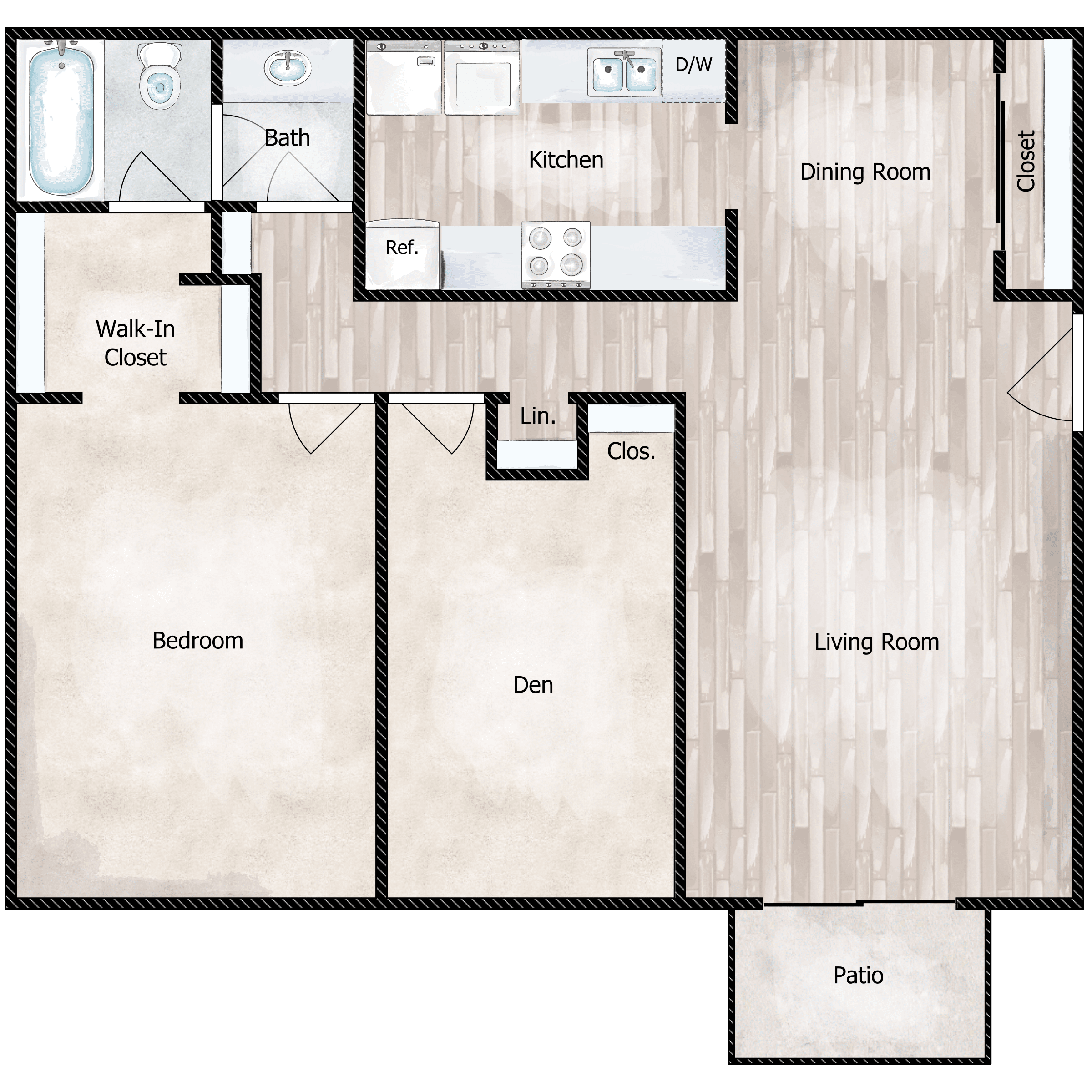 Floor plan for 1 bed, 1 bath, 967 sqft