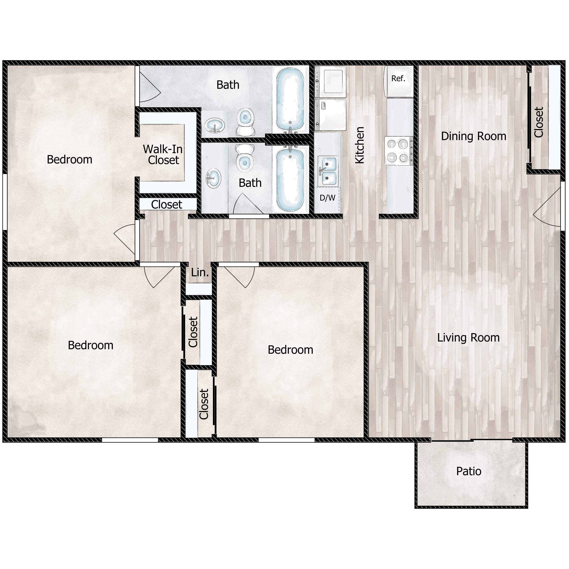 Floor plan for 3 beds, 2 baths, 1201 sqft