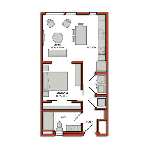 Floor plan for 1 bed, 1 bath, 579 sqft