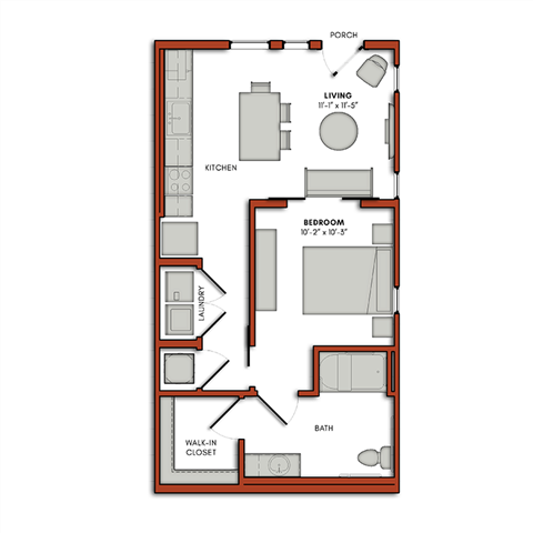 Floor plan for 1 bed, 1 bath, 579 sqft