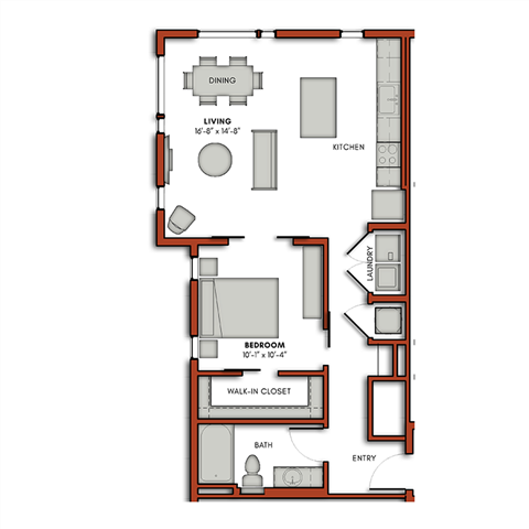 Floor plan for 1 bed, 1 bath, 736 sqft