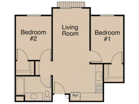 Floor plan for 2 beds, 1 bath, 684 sqft
