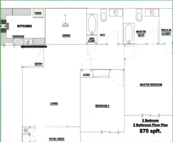 Floor plan for 2 beds, 2 baths, 870 sqft