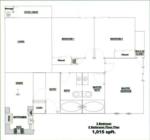 Floor plan for 3 beds, 2 baths, 1015 sqft