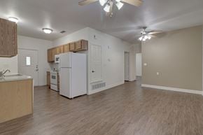 Lindale triplex for rent - Spacious kitchen and living room layout in a Legend of Lindale 55+ community apartment