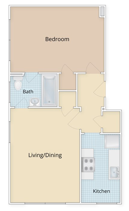 Floor plan for 1 bed, 1 bath, 648 sqft