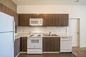 Nashville apartment for rent - an empty kitchen with white appliances and wooden cabinets