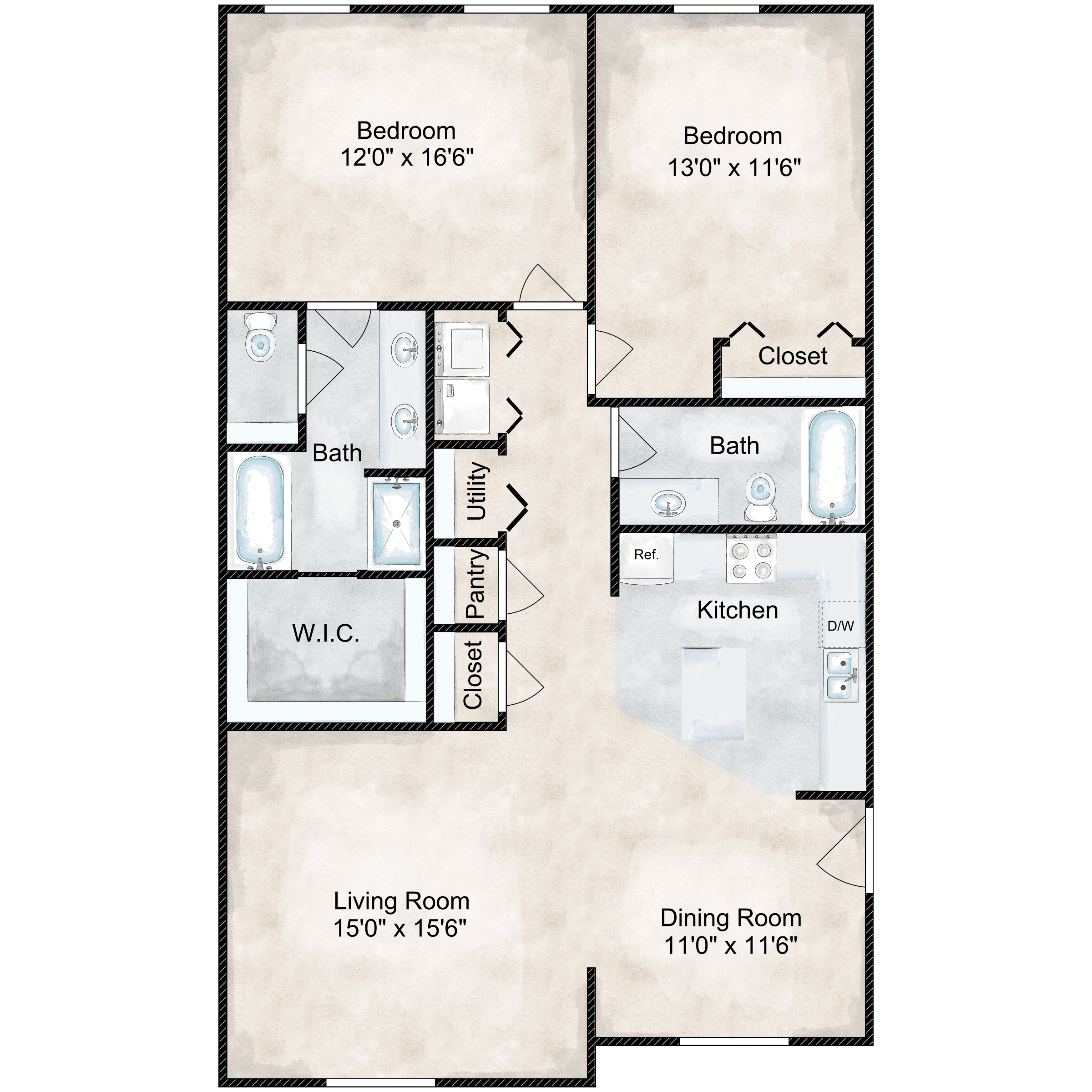 Floor plan for 2 beds, 2 baths, 1239 sqft