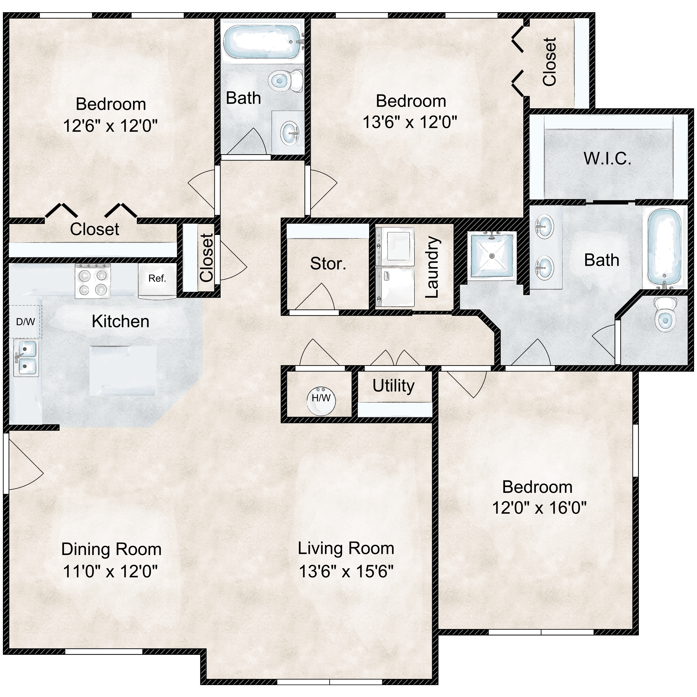 Floor plan for 3 beds, 2 baths, 1486 sqft