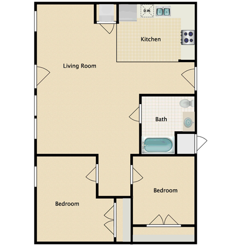 Floor plan for 2 beds, 1 bath, 1028 sqft
