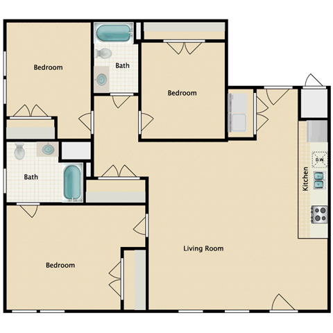 Floor plan for 3 beds, 2 baths, 1418 sqft