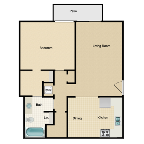 Floor plan for 1 bed, 1 bath, 730 sqft