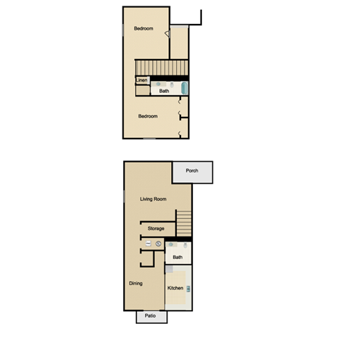 Floor plan for 2 beds, 1.5 baths, 1200 sqft
