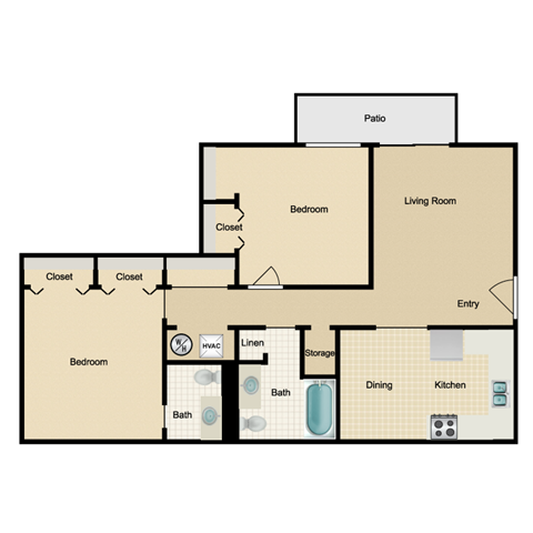 Floor plan for 2 beds, 1.5 baths, 935 sqft