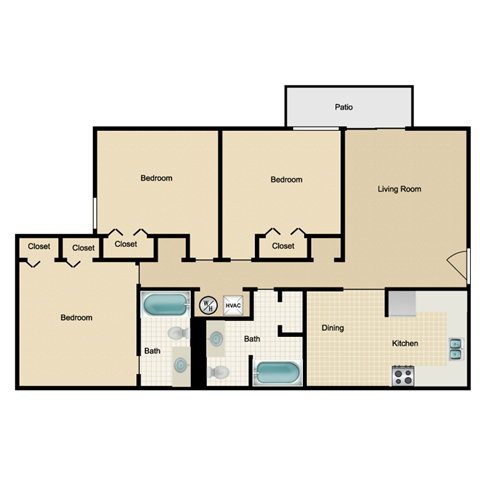 Floor plan for 3 beds, 2 baths, 1100 sqft