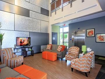 Nashville apartment for rent - a living room with couches and chairs and a television
