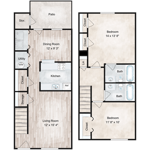 Floor plan for 2 beds, 2 baths, 1104 sqft