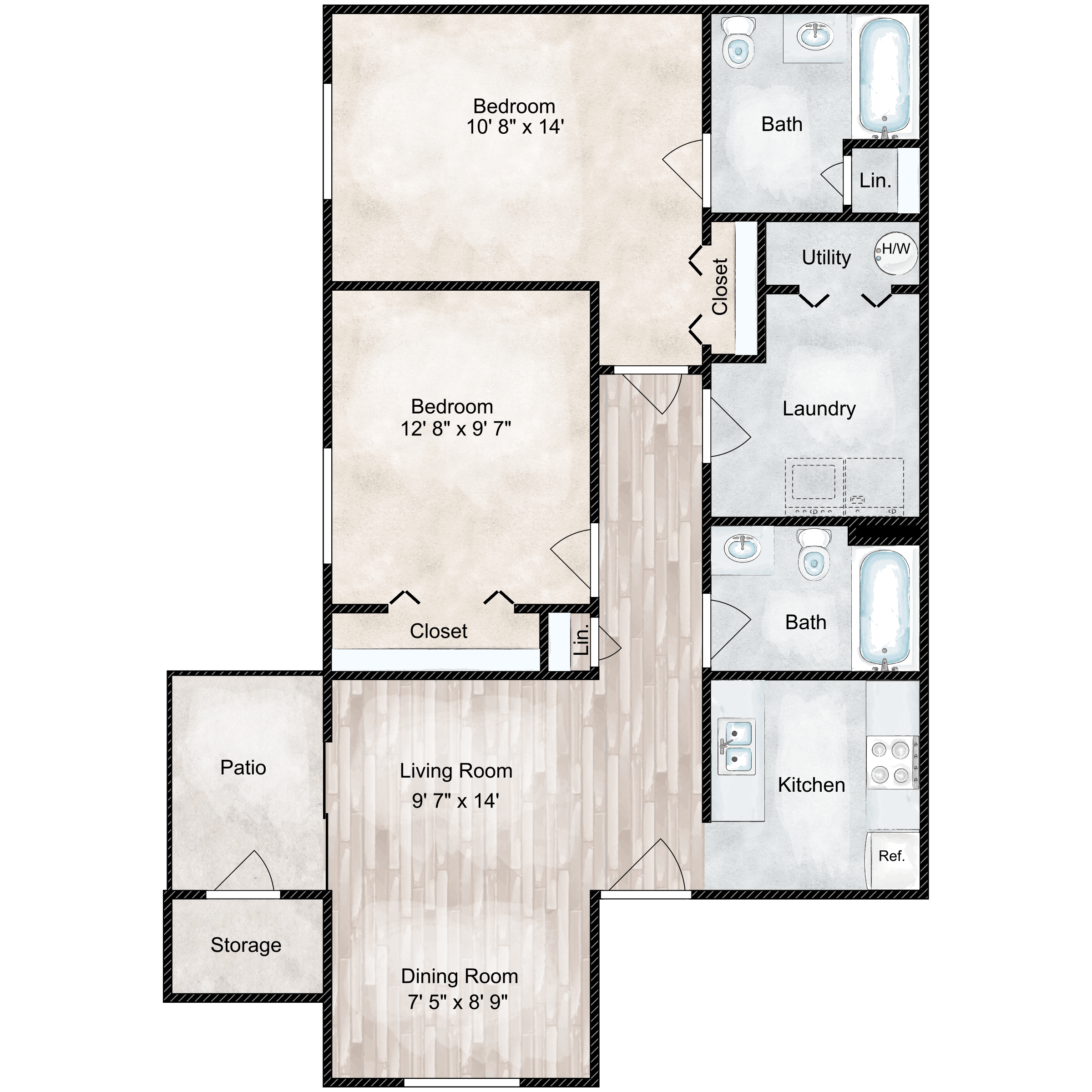 Floor plan for 2 beds, 2 baths, 979 sqft