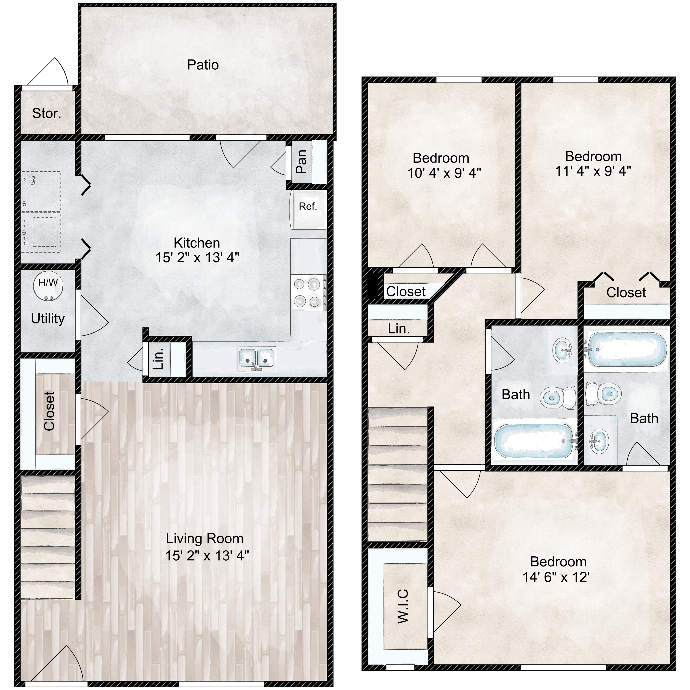 Floor plan for 3 beds, 2 baths, 1315 sqft