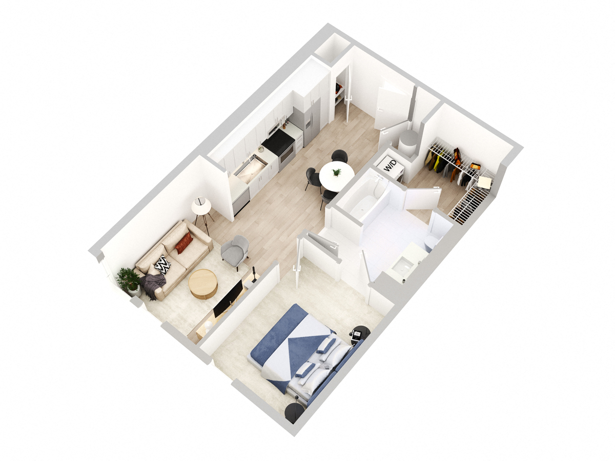 Floor plan for 1 bed, 1 bath, 682 sqft