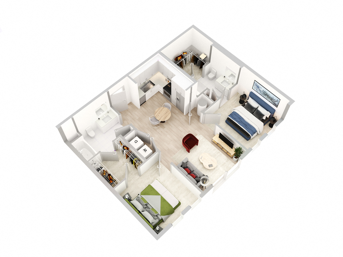 Floor plan for 2 beds, 2 baths, 934 sqft