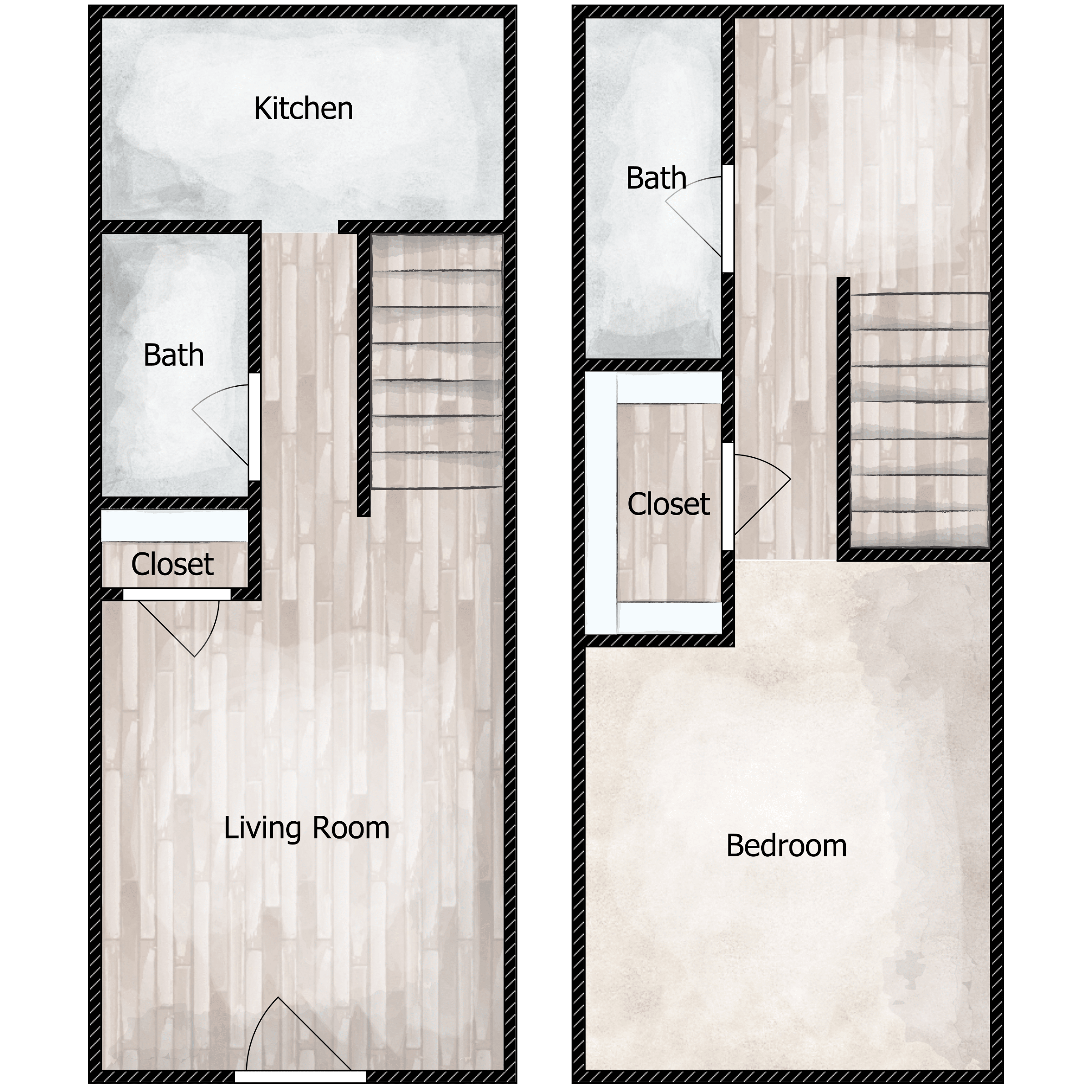 Floor plan for 1 bed, 1.5 baths, 650 sqft