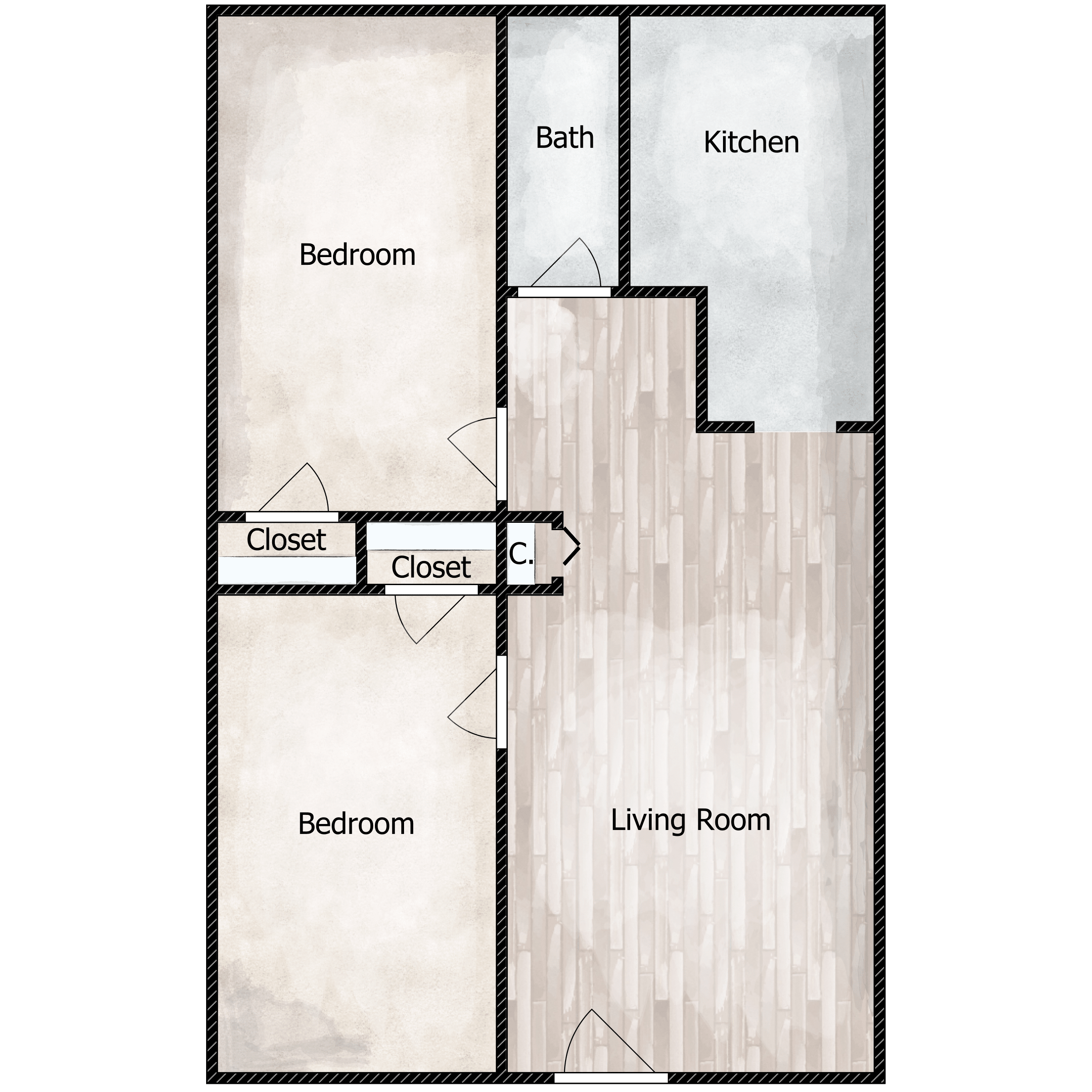 Floor plan for 2 beds, 1 bath, 700 sqft