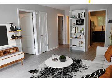 Murfreesboro apartment for rent - A living room with a white couch and a black and white rug.