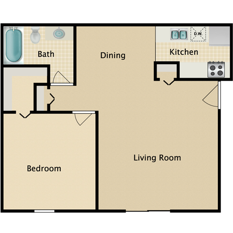 Floor plan for 1 bed, 1 bath, 700 sqft